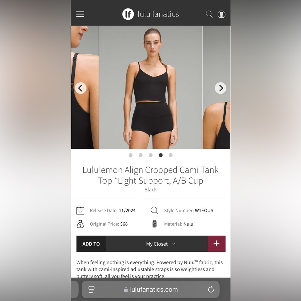 NWT Lululemon Align Cropped Cami Tank Top *Light Support, A/B Cup
Black